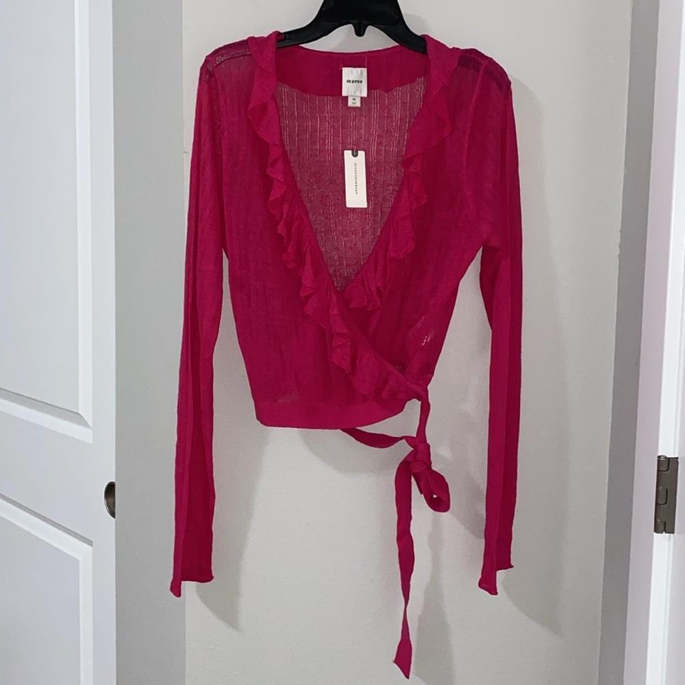 Maeve By Anthropologie Linen Ruffled Wrap Cardigan Sweater - Picture 8 of 10